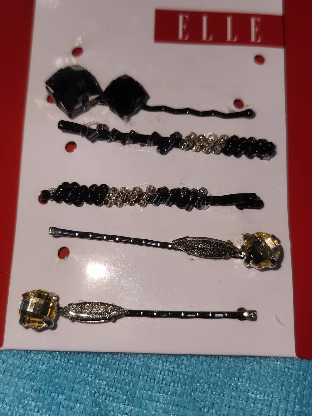 ELLE Crystal and Bead Bobby Pin Set Of 5 - Black & Silver